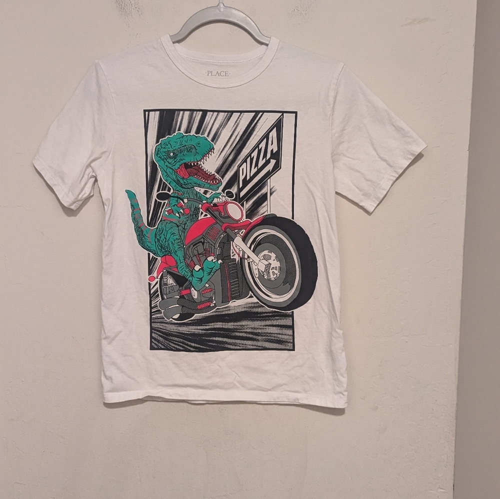 Children's Place Dinosaur Riding A Motorcycle With Pizza Sign Shirt Size Large
